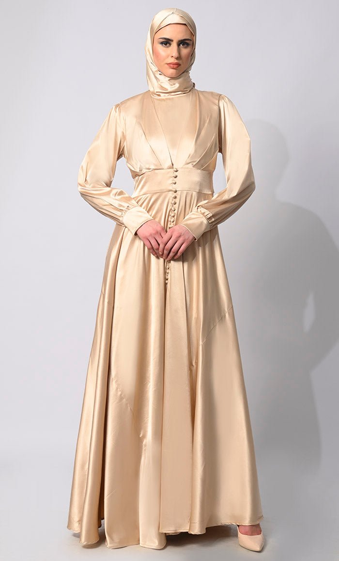 Contemporary Couture: Golden Satin Flared Abaya with front Pleating and show Buttons - EastEssence.com