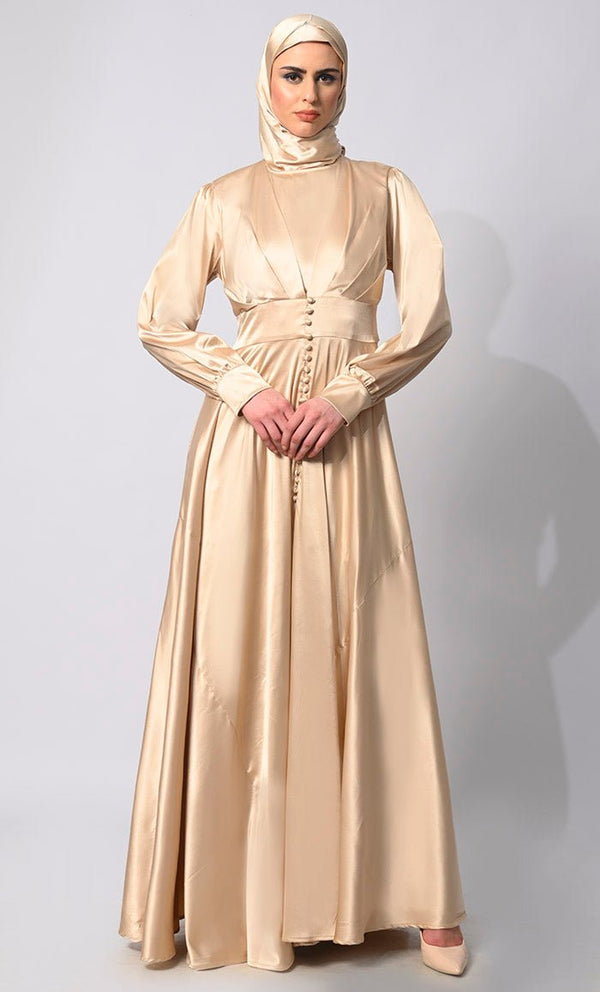 Contemporary Couture: Golden Satin Flared Abaya with front Pleating and show Buttons - EastEssence.com