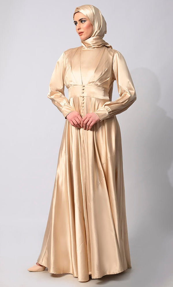 Contemporary Couture: Golden Satin Flared Abaya with front Pleating and show Buttons - EastEssence.com