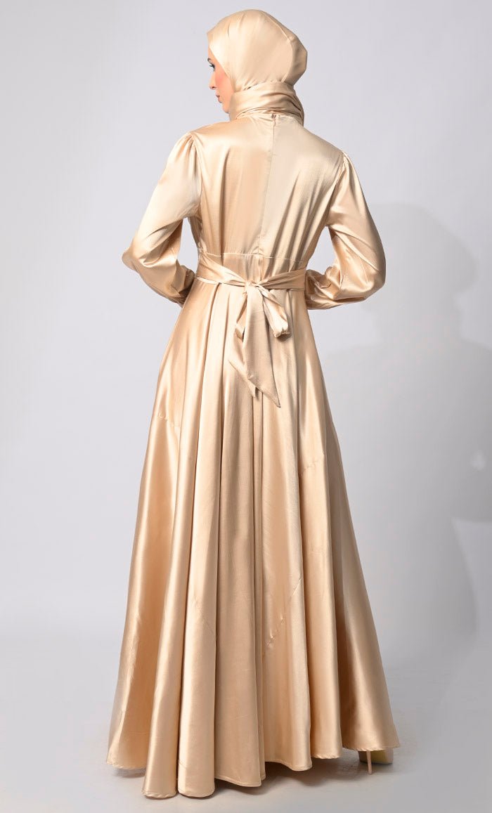 Contemporary Couture: Golden Satin Flared Abaya with front Pleating and show Buttons - EastEssence.com