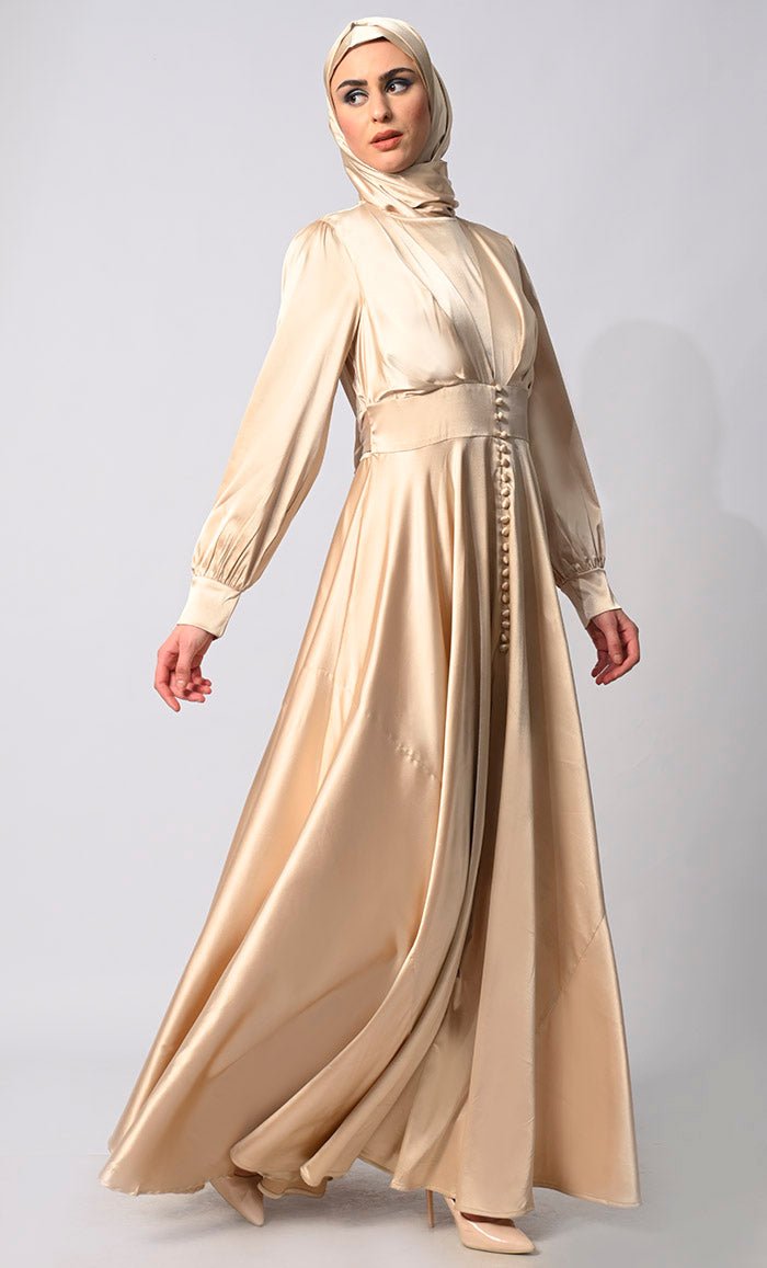 Contemporary Couture: Golden Satin Flared Abaya with front Pleating and show Buttons - EastEssence.com