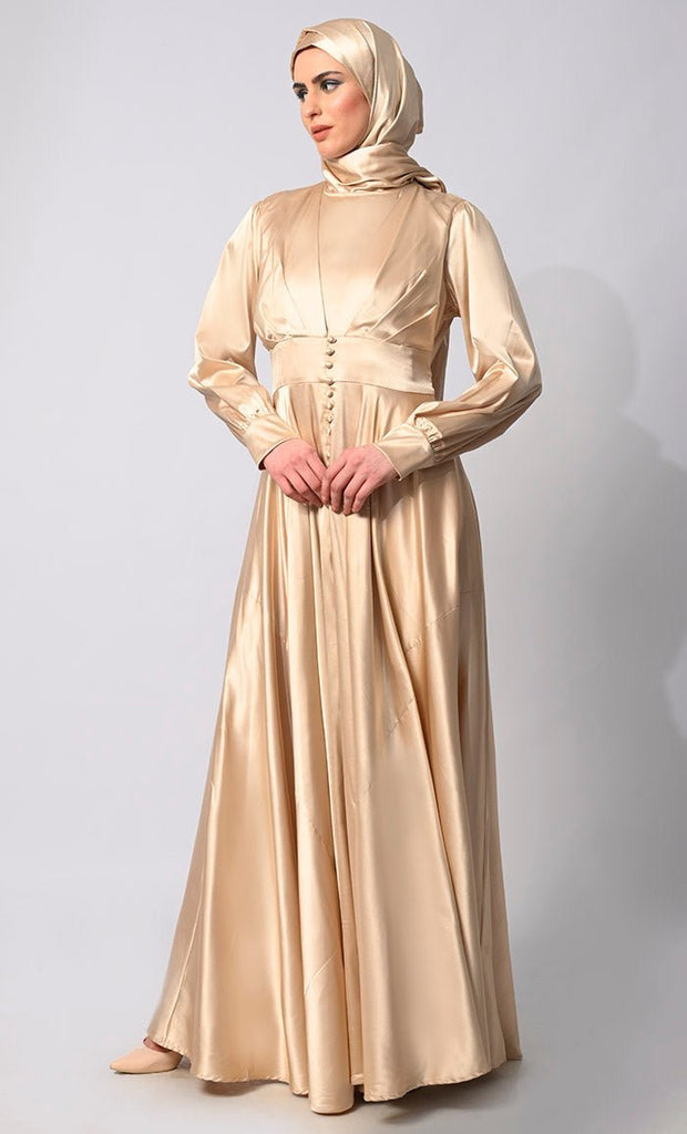 Contemporary Couture: Golden Satin Flared Abaya with front Pleating and show Buttons - Final Sale - EastEssence.com