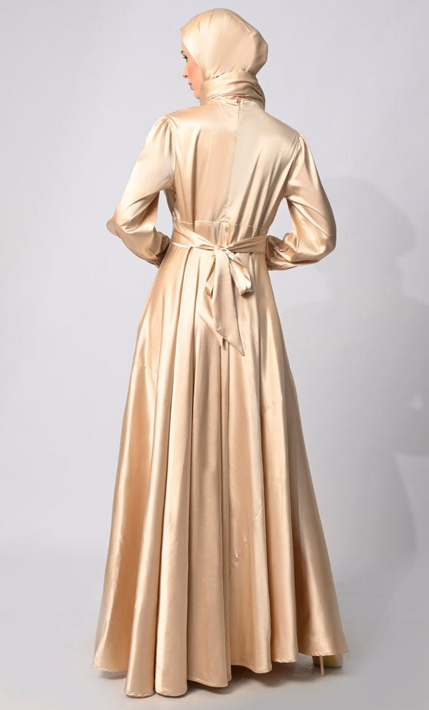 Contemporary Couture: Golden Satin Flared Abaya with front Pleating and show Buttons - Final Sale - EastEssence.com