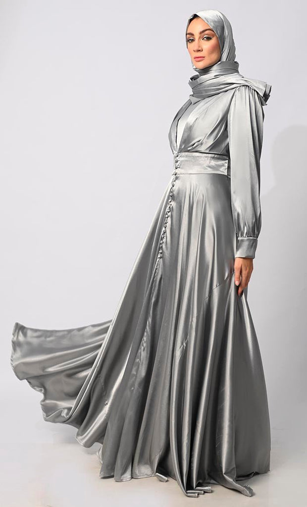 Contemporary Couture: Grey Satin Flared Abaya with front Pleating and show Buttons - EastEssence.com