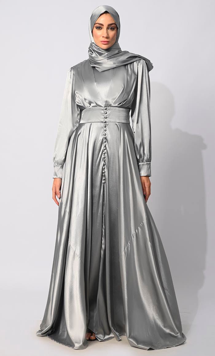 Contemporary Couture: Grey Satin Flared Abaya with front Pleating and show Buttons - EastEssence.com