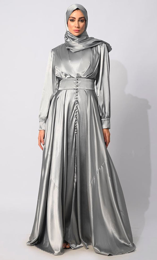 Contemporary Couture: Grey Satin Flared Abaya with front Pleating and show Buttons - EastEssence.com
