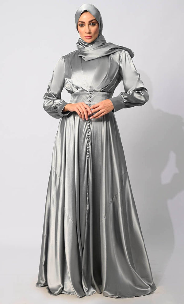 Contemporary Couture: Grey Satin Flared Abaya with front Pleating and show Buttons - EastEssence.com