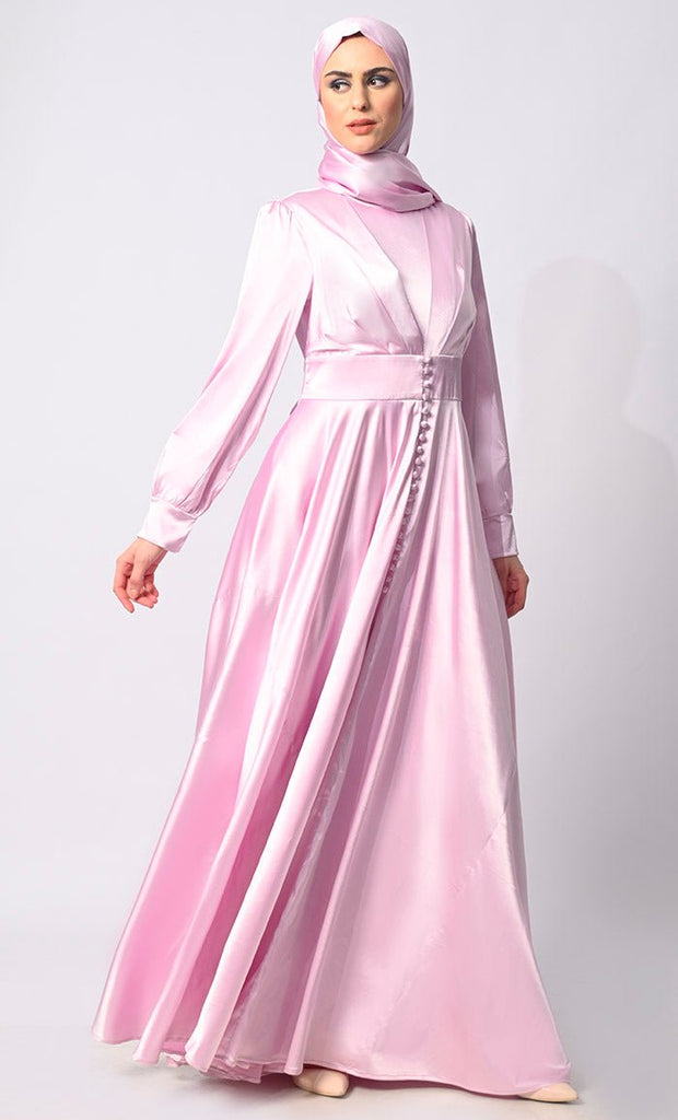 Contemporary Couture: Lavendar Satin Flared Abaya with front Pleating and show Buttons - EastEssence.com