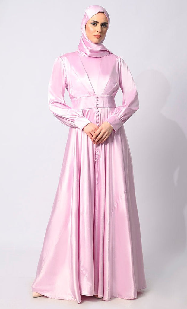 Contemporary Couture: Lavendar Satin Flared Abaya with front Pleating and show Buttons - Final Sale - EastEssence.com