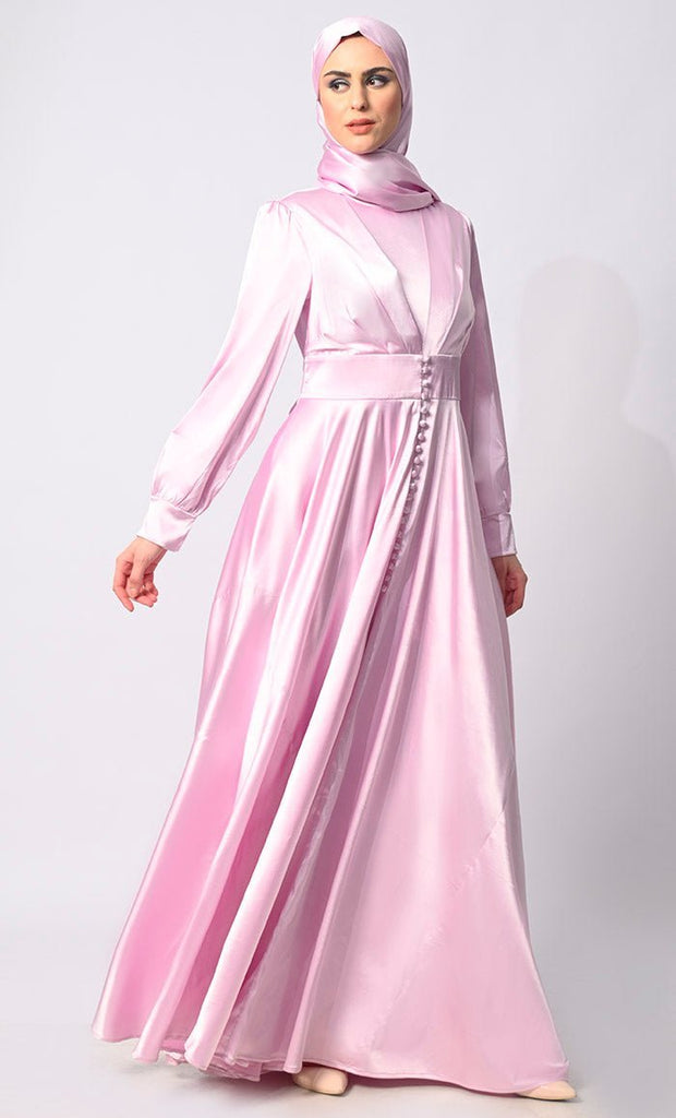 Contemporary Couture: Lavendar Satin Flared Abaya with front Pleating and show Buttons - Final Sale - EastEssence.com