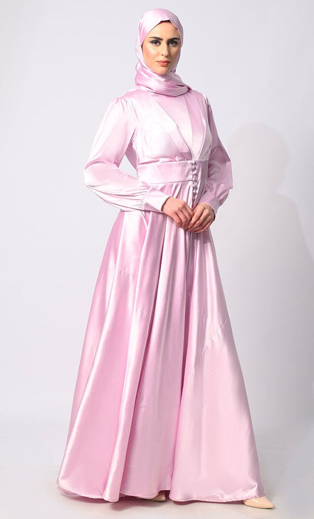 Contemporary Couture: Lavendar Satin Flared Abaya with front Pleating and show Buttons - Final Sale - EastEssence.com