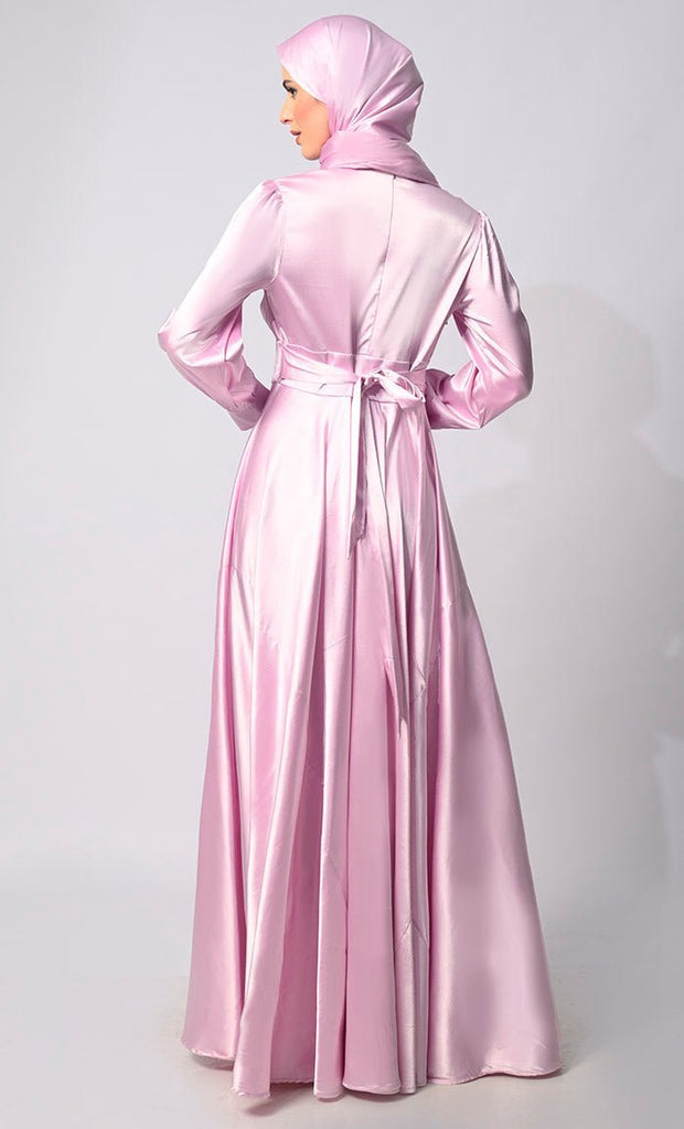 Contemporary Couture: Lavendar Satin Flared Abaya with front Pleating and show Buttons - Final Sale - EastEssence.com