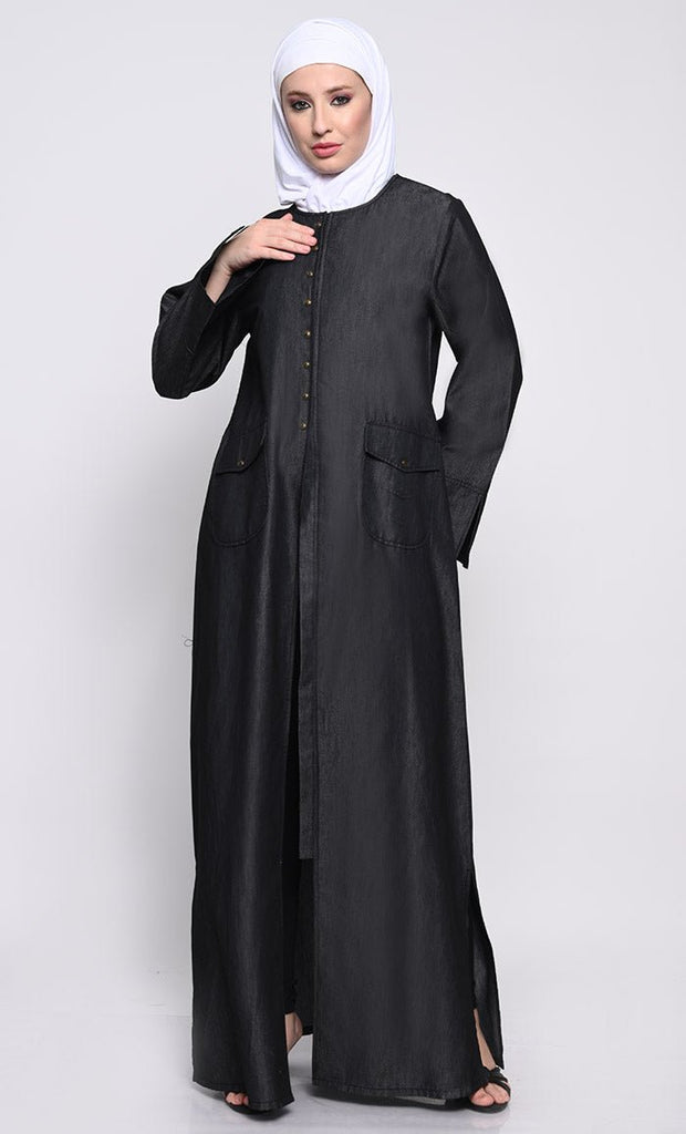 Contemporary Denim Abaya with Side Slits and Button Opening - EastEssence.com