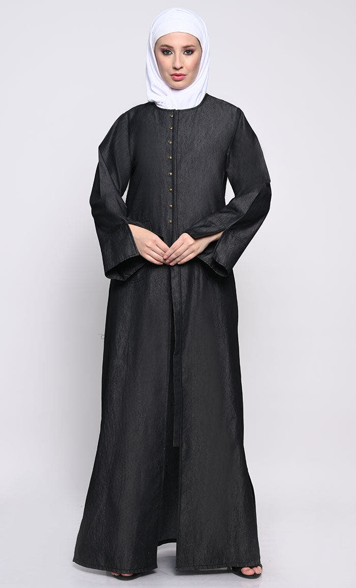 Contemporary Denim Abaya with Side Slits & Button Opening