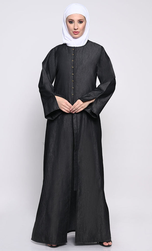 Contemporary Denim Abaya with Side Slits and Button Opening - EastEssence.com