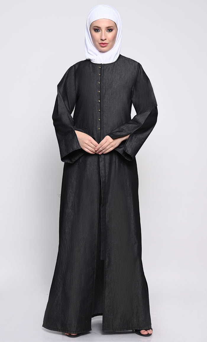 Contemporary Denim Abaya with Side Slits and Button Opening