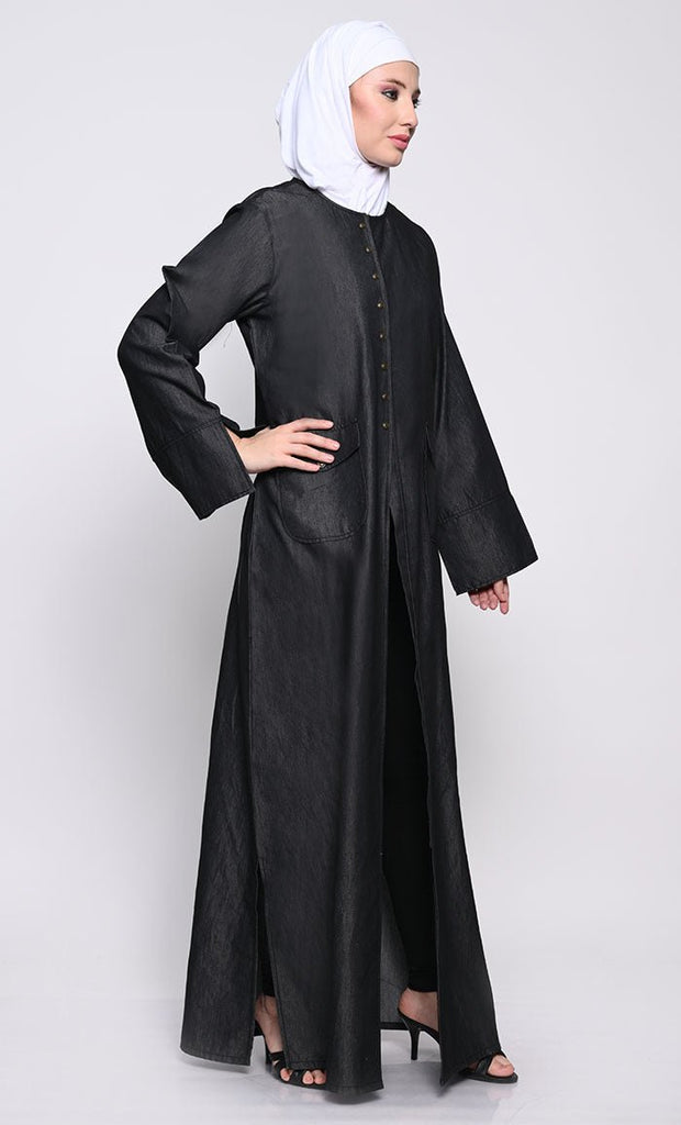 Contemporary Denim Abaya with Side Slits and Button Opening - EastEssence.com