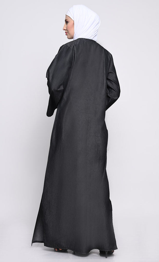 Contemporary Denim Abaya with Side Slits and Button Opening - EastEssence.com