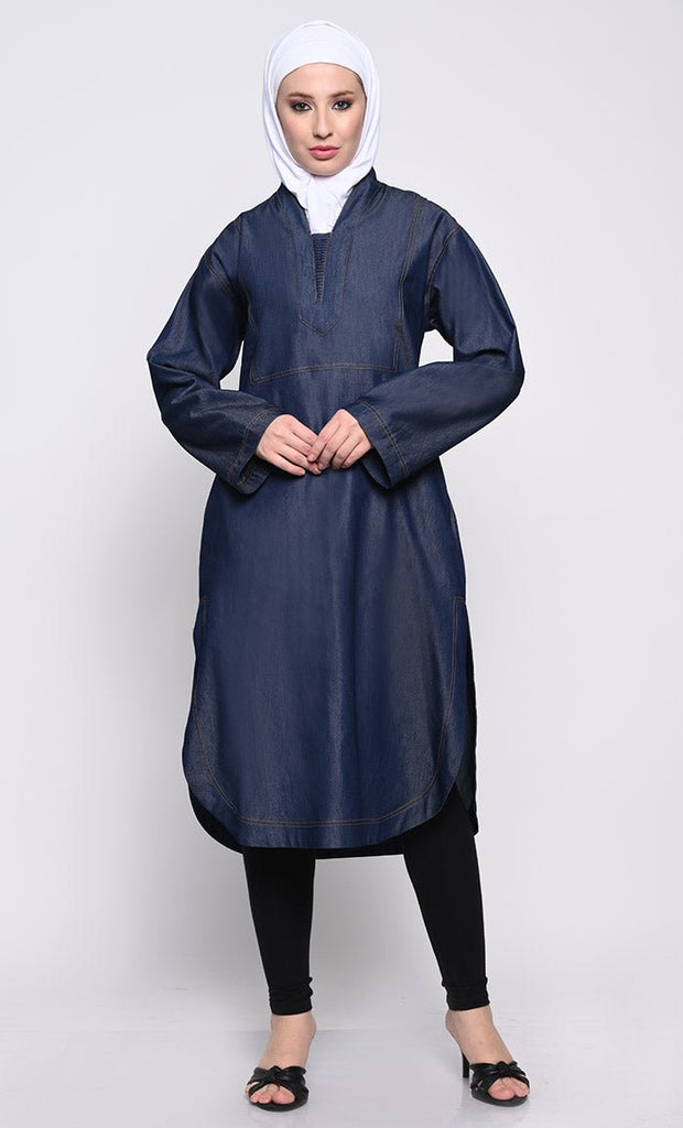 Contemporary Denim Tunic with full sleeves and Curved Hem - EastEssence.com