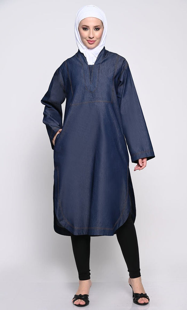 Contemporary Denim Tunic with full sleeves and Curved Hem - EastEssence.com