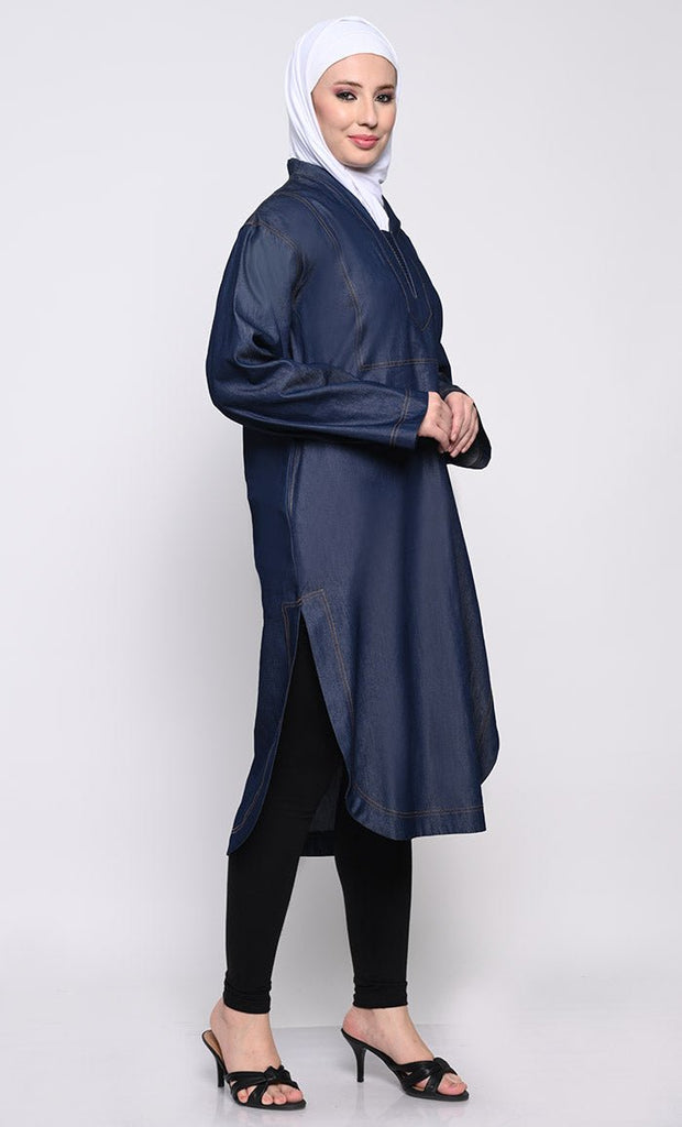 Contemporary Denim Tunic with full sleeves and Curved Hem - EastEssence.com