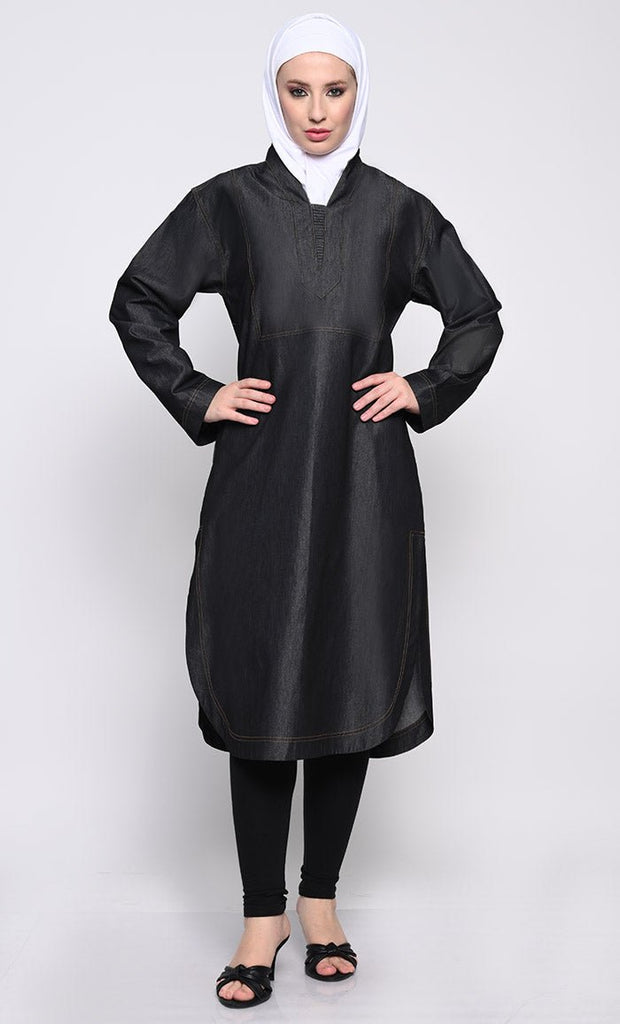 Contemporary Denim Tunic with V - Neck and Curved Hem - EastEssence.com