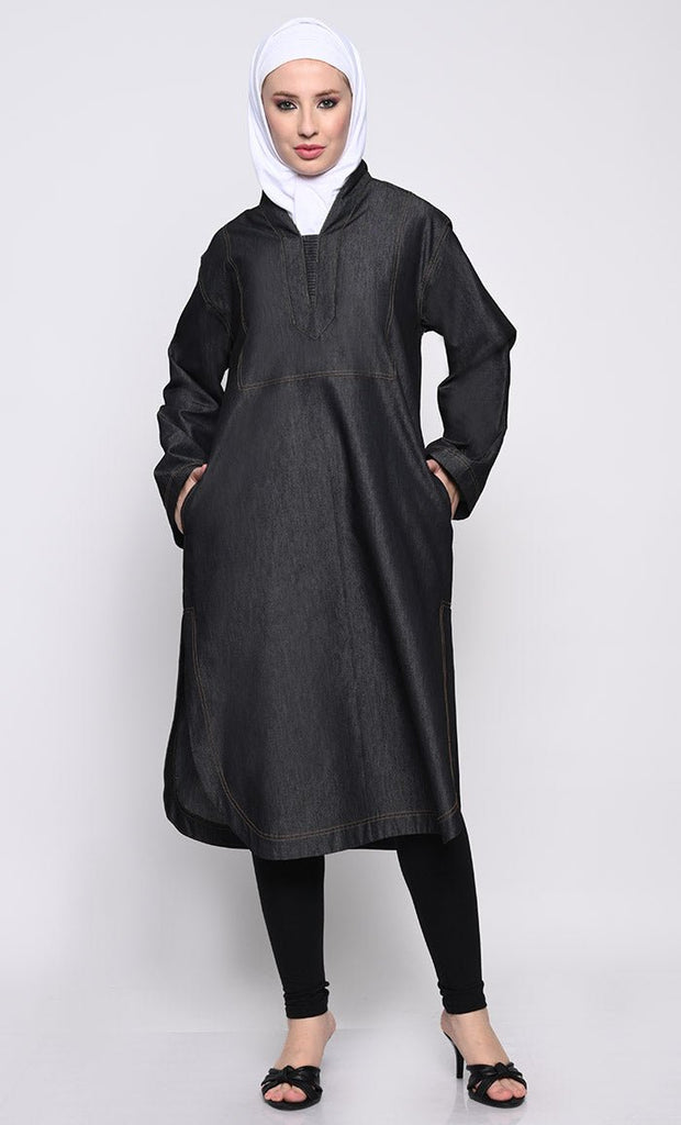 Contemporary Denim Tunic with V - Neck and Curved Hem - EastEssence.com