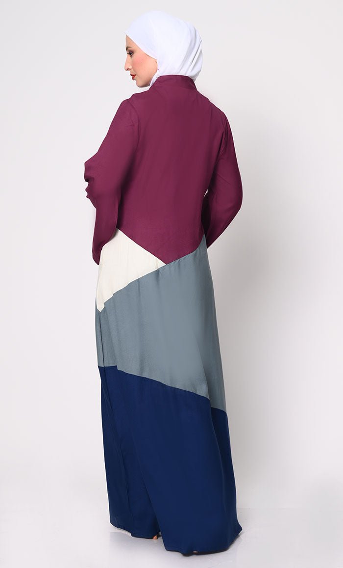 Contemporary Elegance: Abaya with Captivating Color - Blocking Panels and Practical Pockets - EastEssence.com