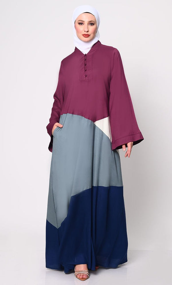 Contemporary Elegance: Abaya with Captivating Color - Blocking Panels and Practical Pockets - EastEssence.com