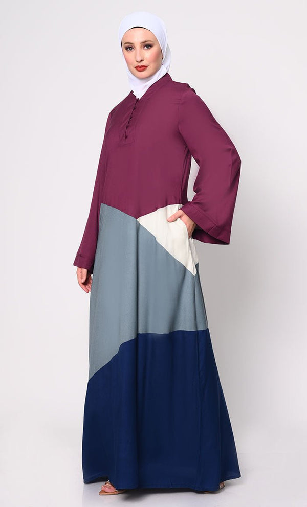 Contemporary Elegance: Abaya with Captivating Color - Blocking Panels and Practical Pockets - EastEssence.com