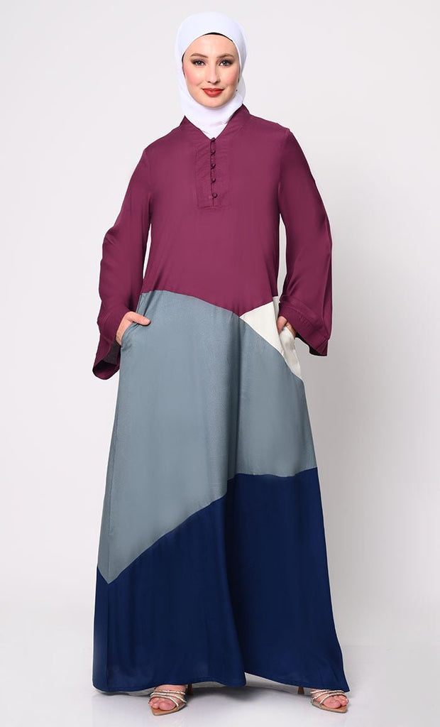 Contemporary Elegance: Abaya with Captivating Color - Blocking Panels and Practical Pockets - EastEssence.com