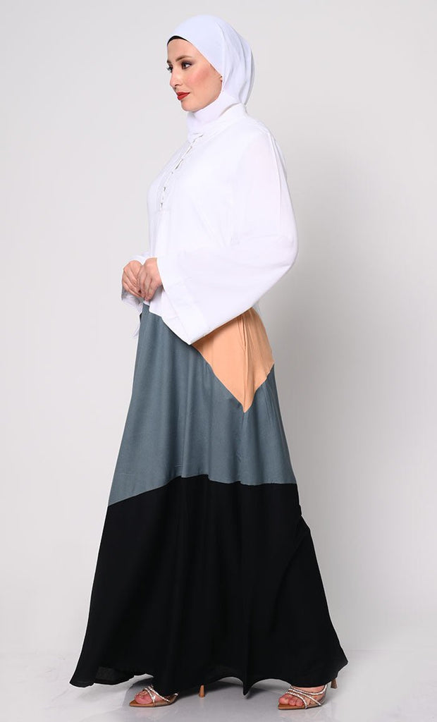 Contemporary Elegance: Abaya with Neutral Color - Blocking Panels and Practical Pockets - EastEssence.com