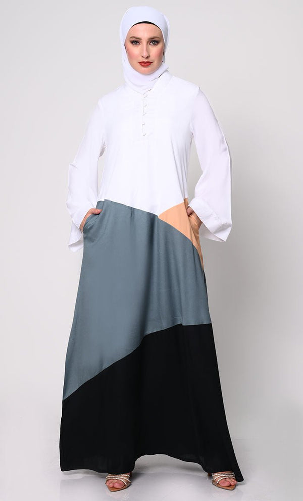 Contemporary Elegance: Abaya with Neutral Color - Blocking Panels and Practical Pockets - EastEssence.com