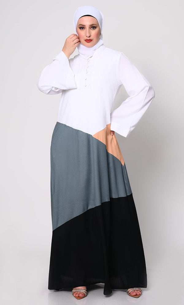 Contemporary Elegance: Abaya with Neutral Color - Blocking Panels and Practical Pockets - EastEssence.com