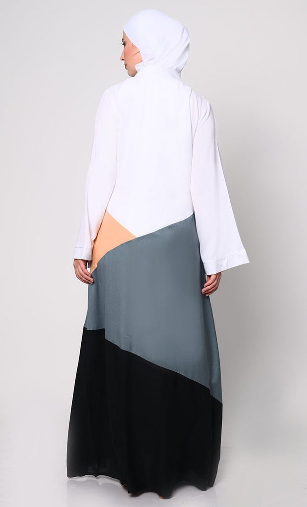 Contemporary Elegance: Abaya with Neutral Color - Blocking Panels and Practical Pockets - EastEssence.com