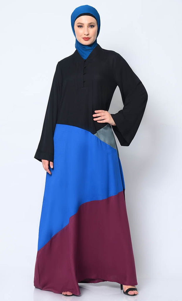 Contemporary Elegance: Abaya with Striking Color - Blocking Panels and Practical Pockets - EastEssence.com