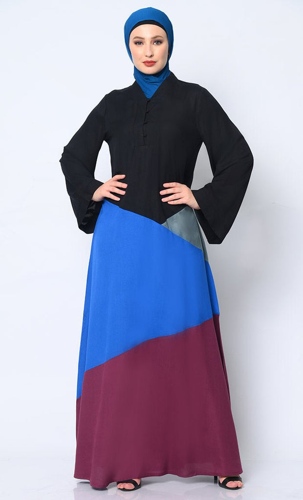 Contemporary Elegance: Abaya with Striking Color - Blocking Panels and Practical Pockets - EastEssence.com