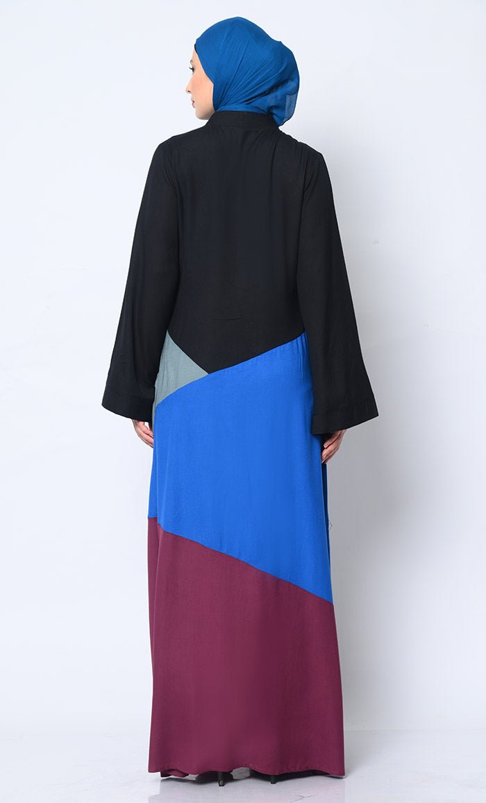 Contemporary Elegance: Abaya with Striking Color - Blocking Panels and Practical Pockets - EastEssence.com