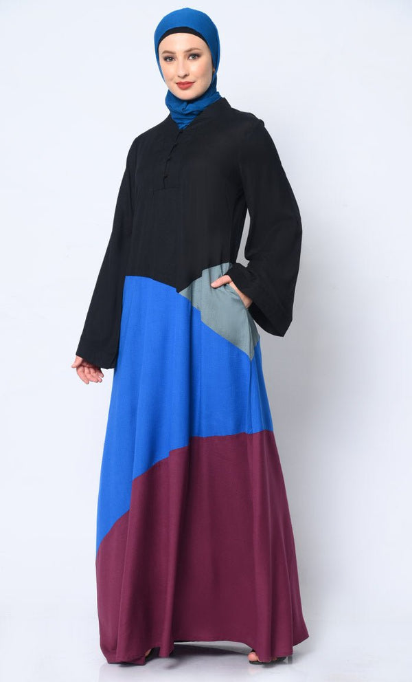 Contemporary Elegance: Abaya with Striking Color - Blocking Panels and Practical Pockets - EastEssence.com