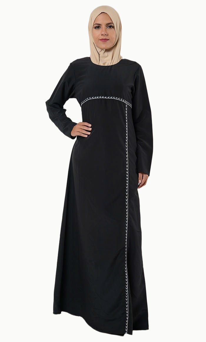 Contrast color embroidered trims muslimah abaya dress - EastEssence.com