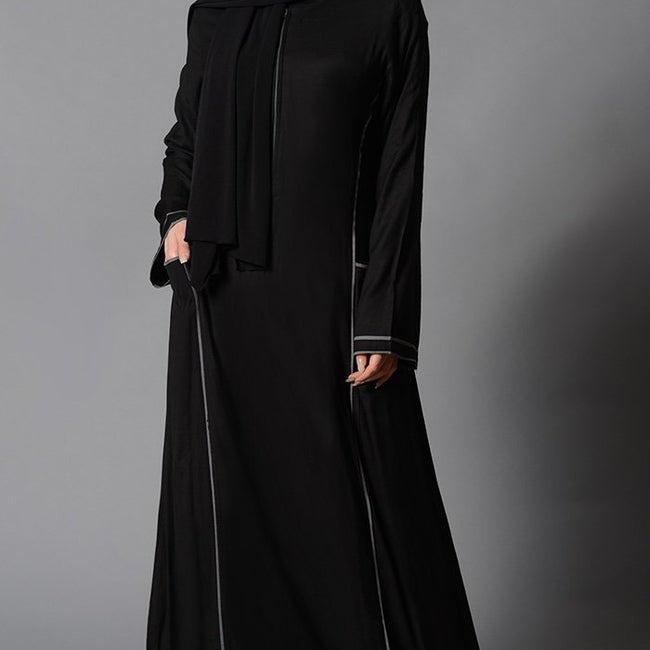 Contrast Color Piping And Metallic Zipper Detail Abaya Dress - EastEssence.com