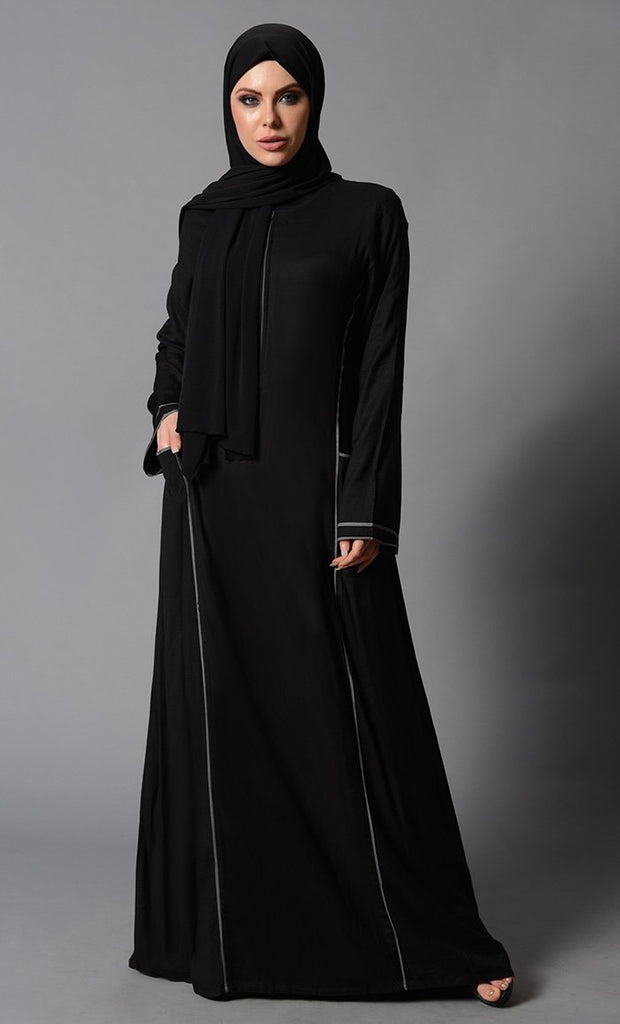 Contrast Color Piping And Metallic Zipper Detail Abaya Dress - Final Sale - EastEssence.com