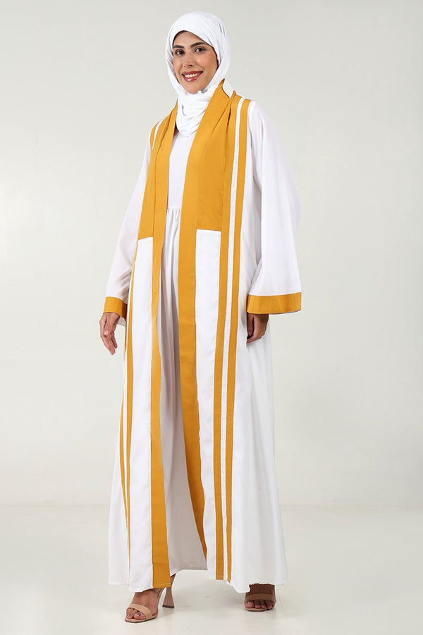 Contrast Detail Crepe Abaya ??Bell Sleeves, Round Neck - EastEssence.com