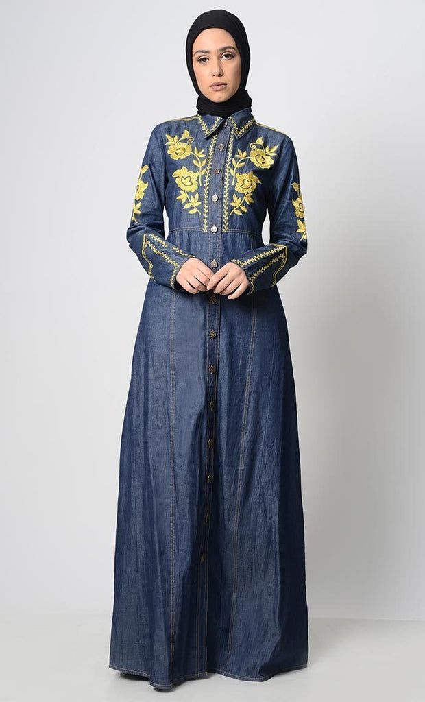 Contrast Embroidered Denim Abaya - Final Sale - EastEssence.com