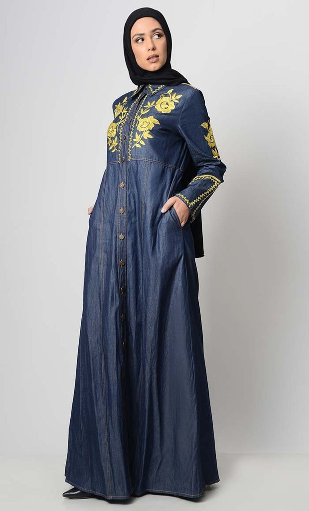 Contrast Embroidered Denim Abaya - Final Sale - EastEssence.com