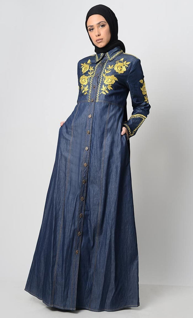 Contrast Embroidered Denim Abaya - Final Sale - EastEssence.com