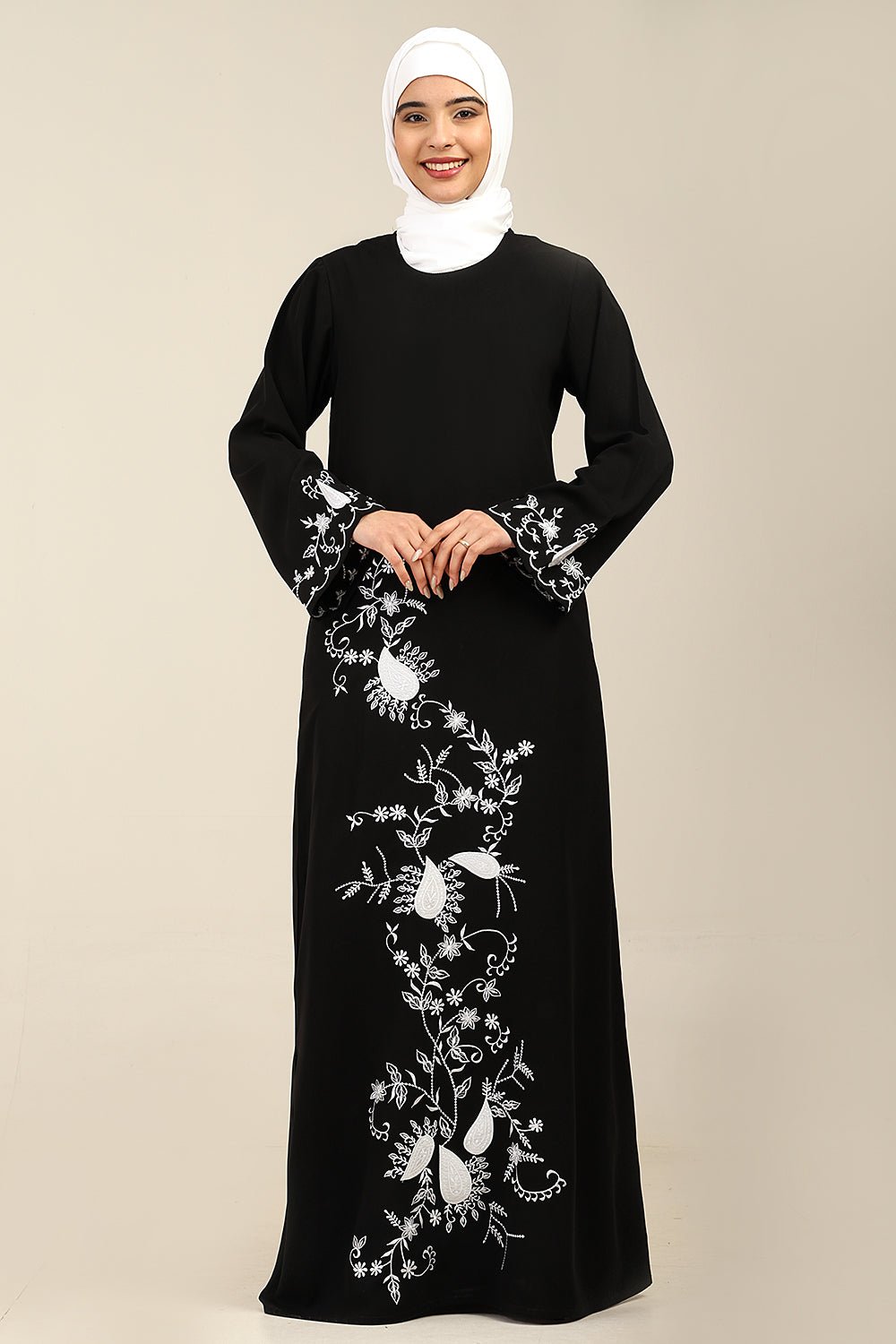 Contrast Embroidered Firdous bell sleeves Abaya - EastEssence.com