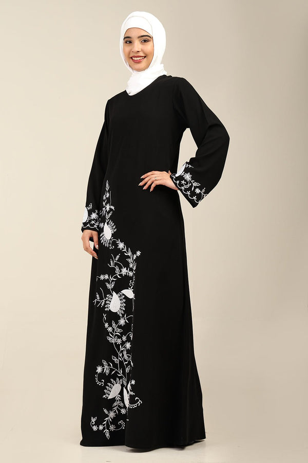 Contrast Embroidered Firdous bell sleeves Abaya - EastEssence.com
