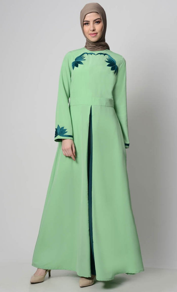 Contrast Embroidered Grace Abaya - Mint Green - Final Sale - EastEssence.com