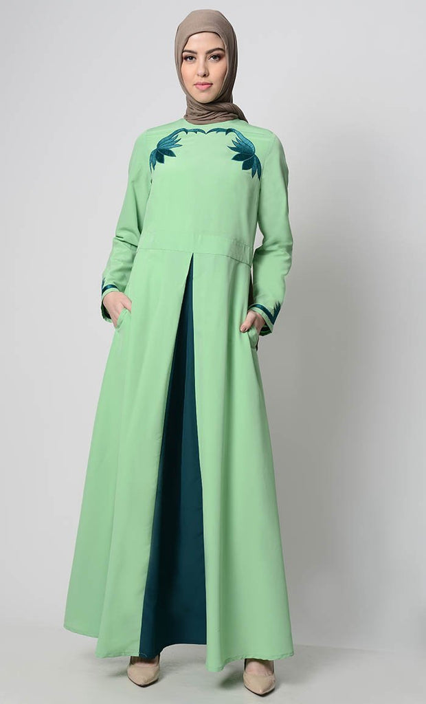 Contrast Embroidered Grace Abaya - Mint Green - Final Sale - EastEssence.com